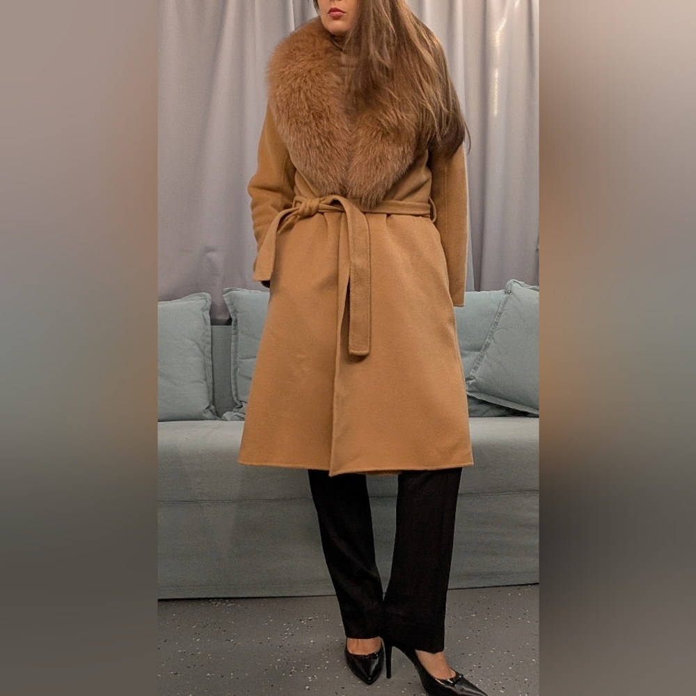 Pissenlit Camel Wool Cashmere Coat genuine Fox Fur Collar - Picture 10 of 11